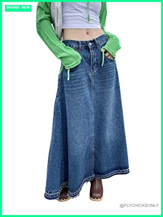 Dresses & Skirts - High Waist A-Line Maxi Denim Jean Skirt Raw Hem Fringe
